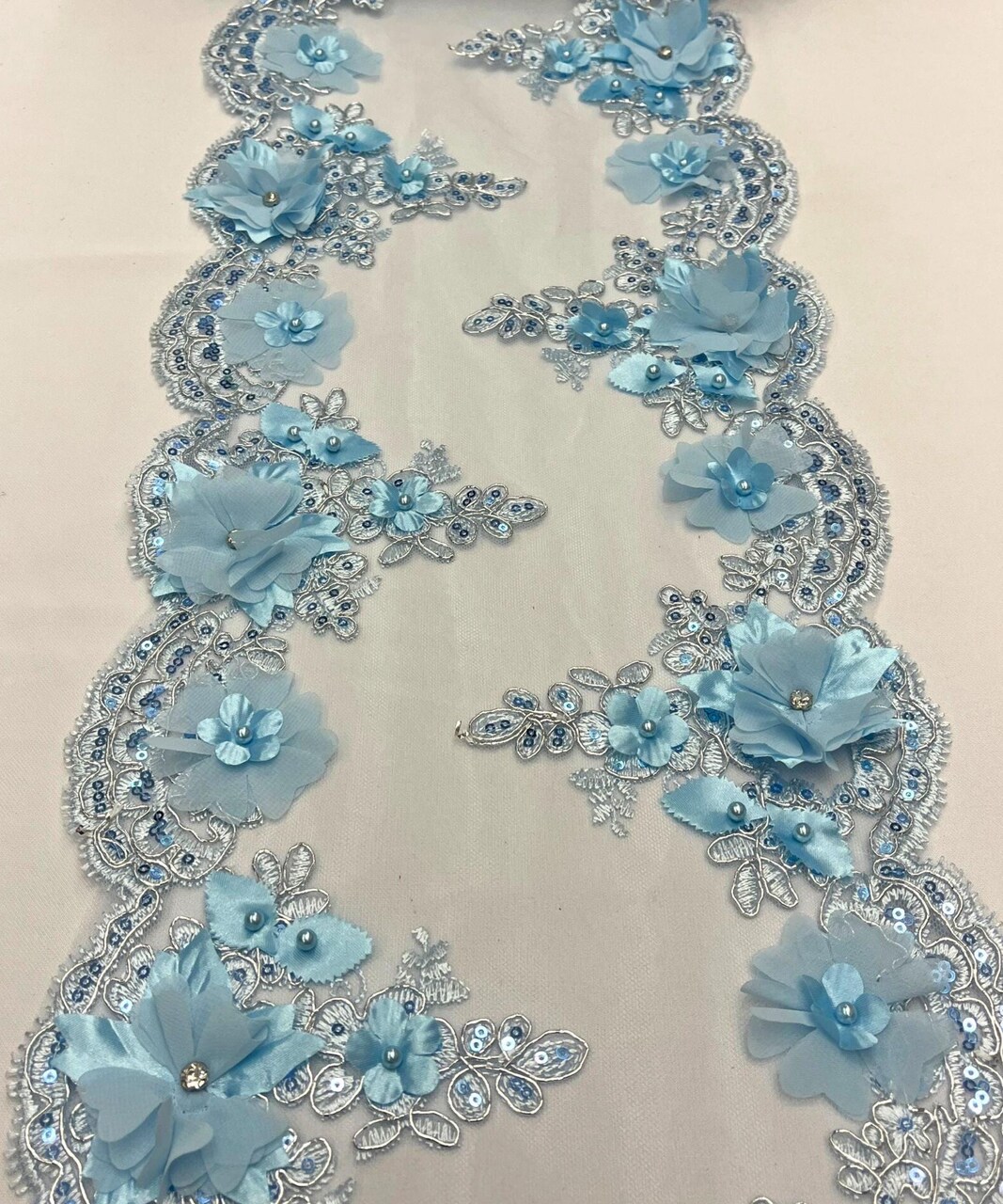 Baby Blue 3D Wide Floral Sequin & Mesh with Pearls Lace Trim for Table Runner 22"